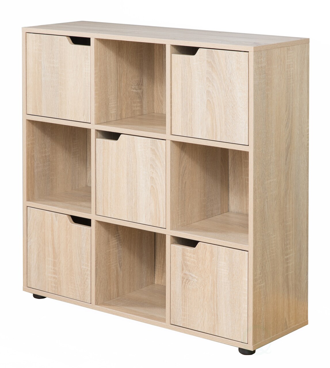 9-Cube Wooden Storage Organizer with 5 Enclosed Cabinet Doors and 4 Open Shelves, Freestanding Cubby Bookcase for Bedroom, Living Room, Office, Closet, or Playroom